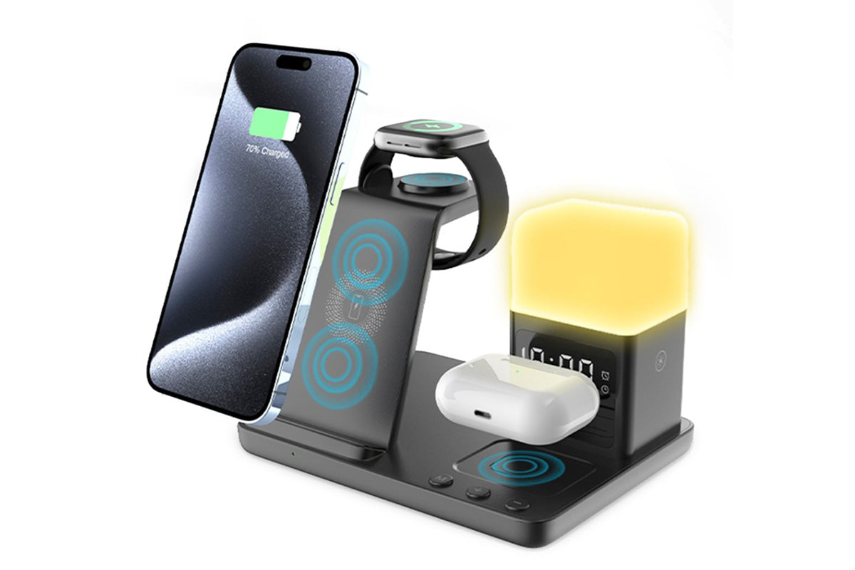 6 in 1 Charging Station with Alarm Clock Night Light for iPhone 16 15 Samsung S25 S24