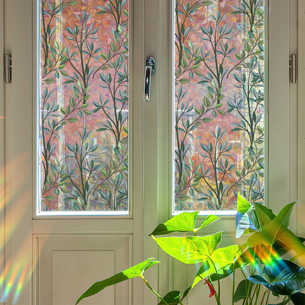 Static Cling Vintage Green Leaves Branches Pattern Cutting Privacy Window Sticker