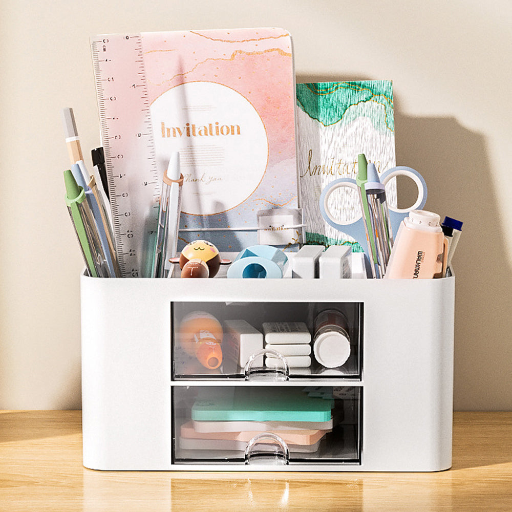 Pen Organizer with 2 Drawer Multi-Functional Pencil Holder for Desk