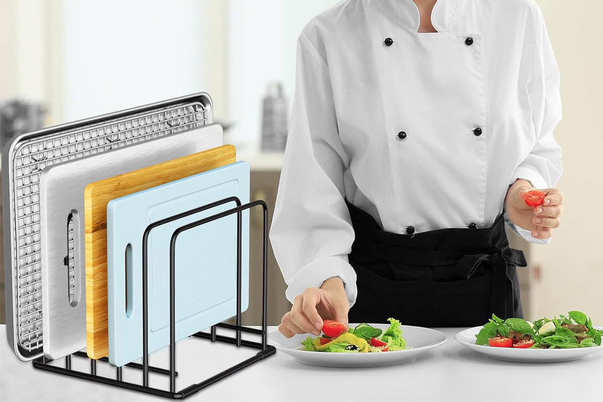 5 Slot Kitchen Organizer Rack Dish and Cutting Board Holder for Cabinet Countertop Pantry