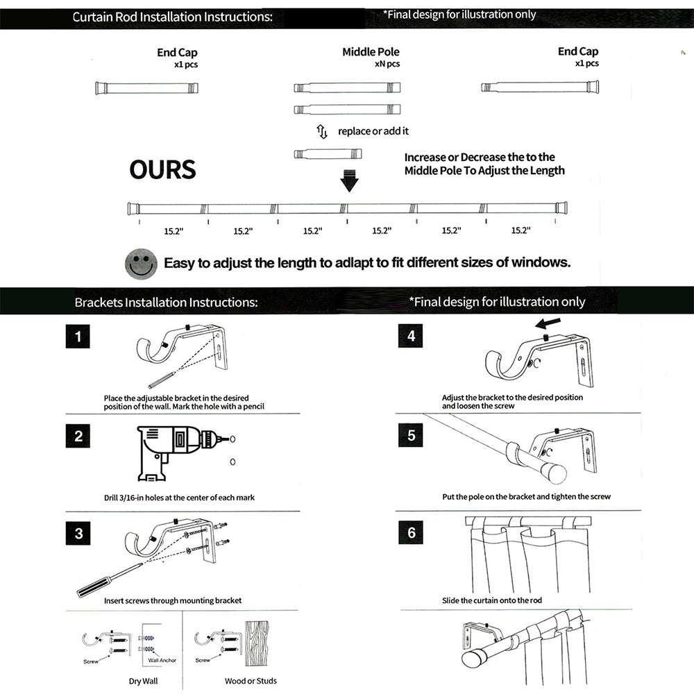 Adjustable Window Curtain Rods Set with Brackets