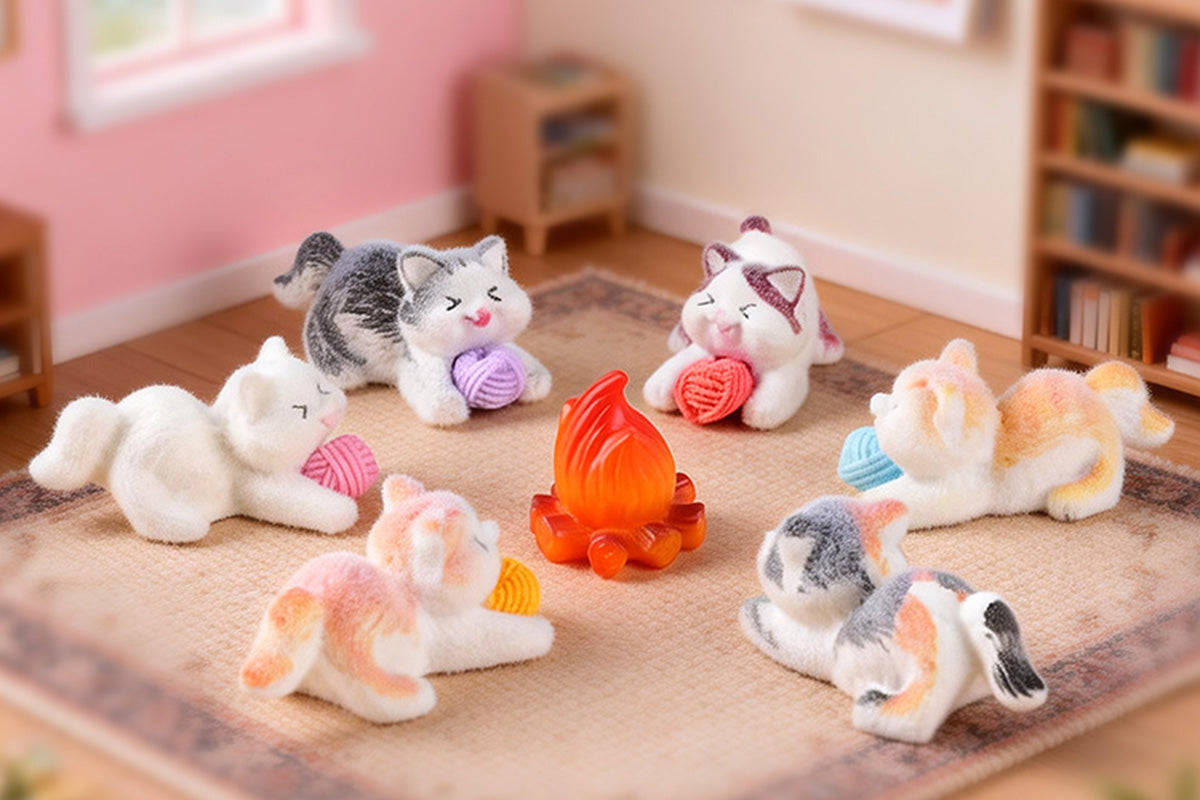 6Pcs Cute Flocked Cat Figurines Cat Playing Yarn Balls Garden Decor Set