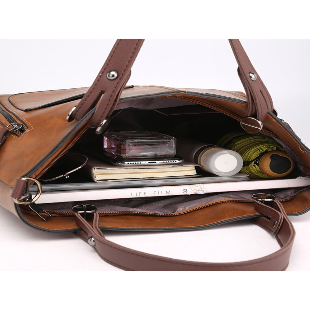 Vintage PU Leather Shoulder Tote Bag with Large Capacity for Women