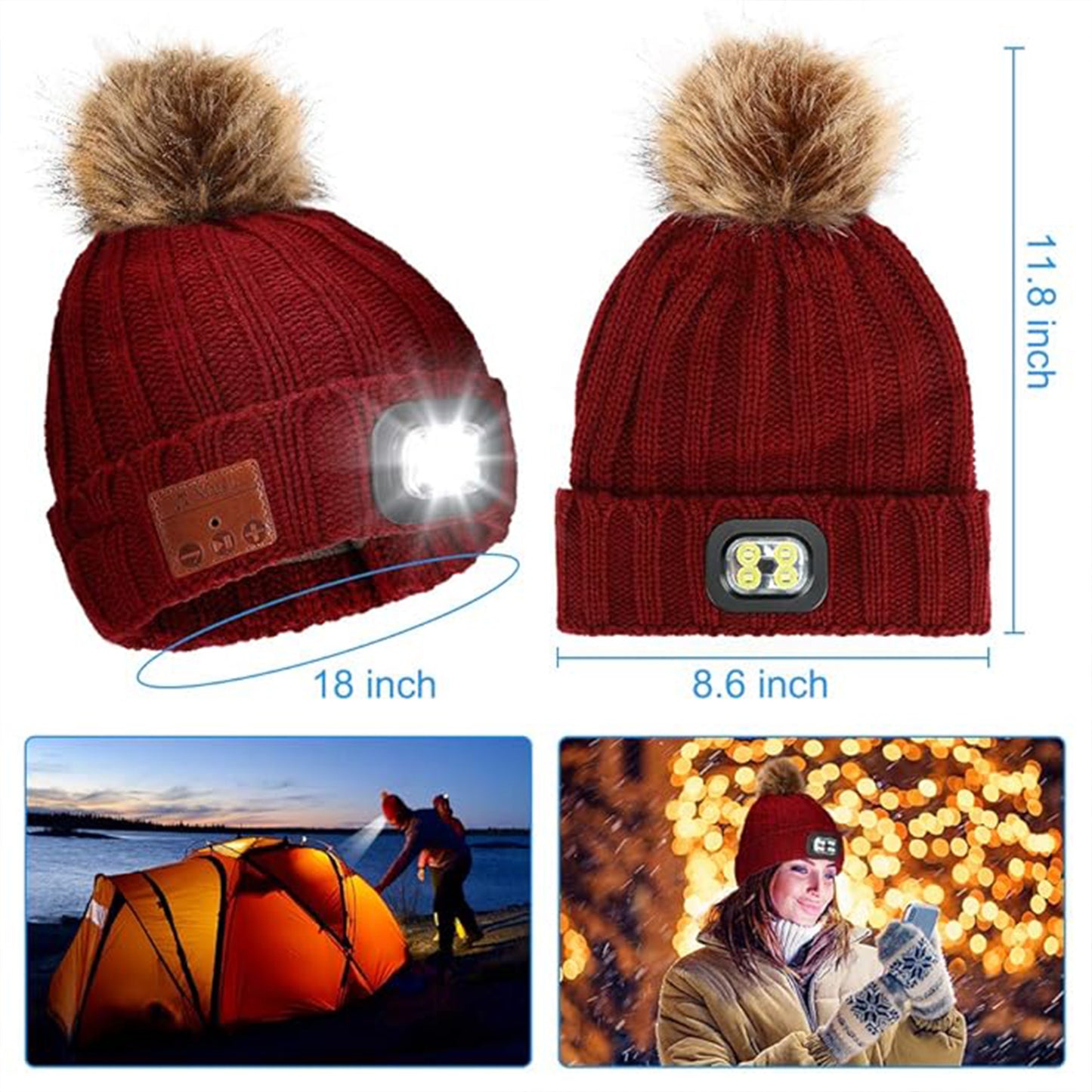 400mAh USB Rechargeable Bluetooth 5.2 Hat Stereo Headphone with 4 LED Light