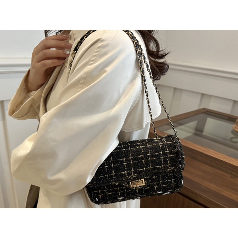 Tweed Chain Strap Crossbody Bag and Luxury Inspired Shoulder Purse for Women