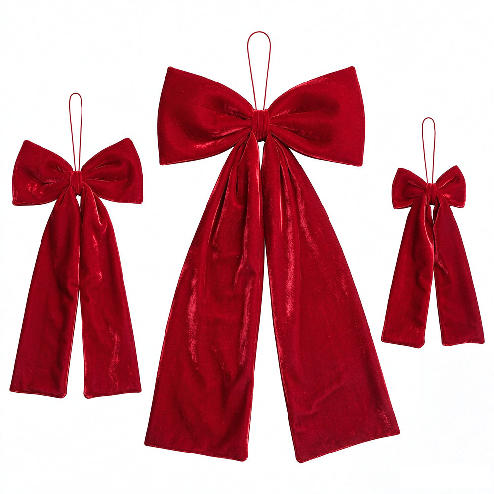 Vintage Burgundy Velvet Christmas Bow with Hanging Cord for Tree Decor