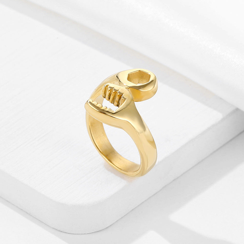 Stainless Steel Wrench Shaped Industrial Punk Ring for Men and Women-Gold