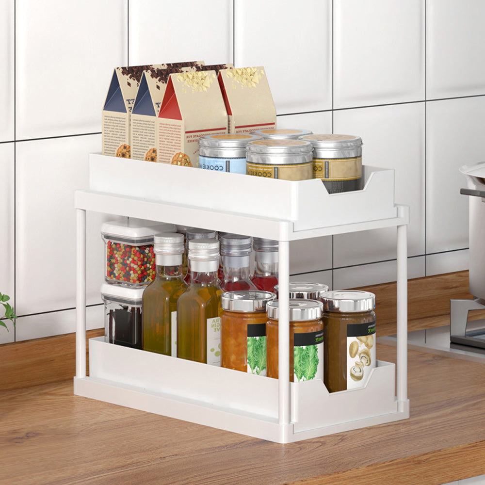 2 Tier Bathroom Cabinet Shelf Organizer Double Sliding Storage Rack with Hook