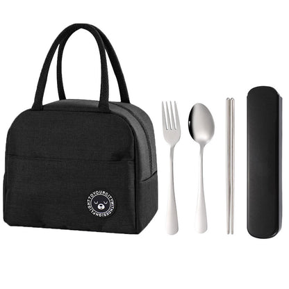 Insulated Lunch Bag with 3 Pieces of Stainless Steel Cutlery Fork Spoon Chopsticks Set and Storage Case