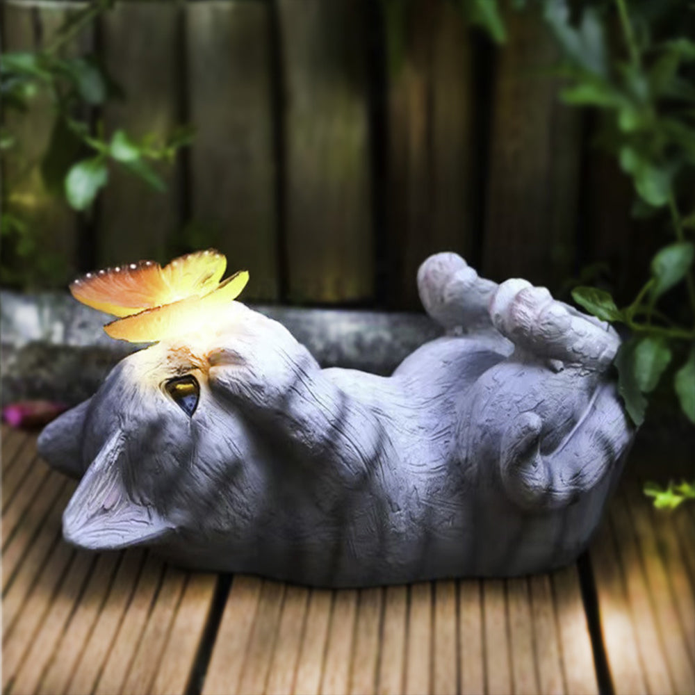 Resin Cat Butterfly Statues Solar Powered Garden Light-Lying Cat