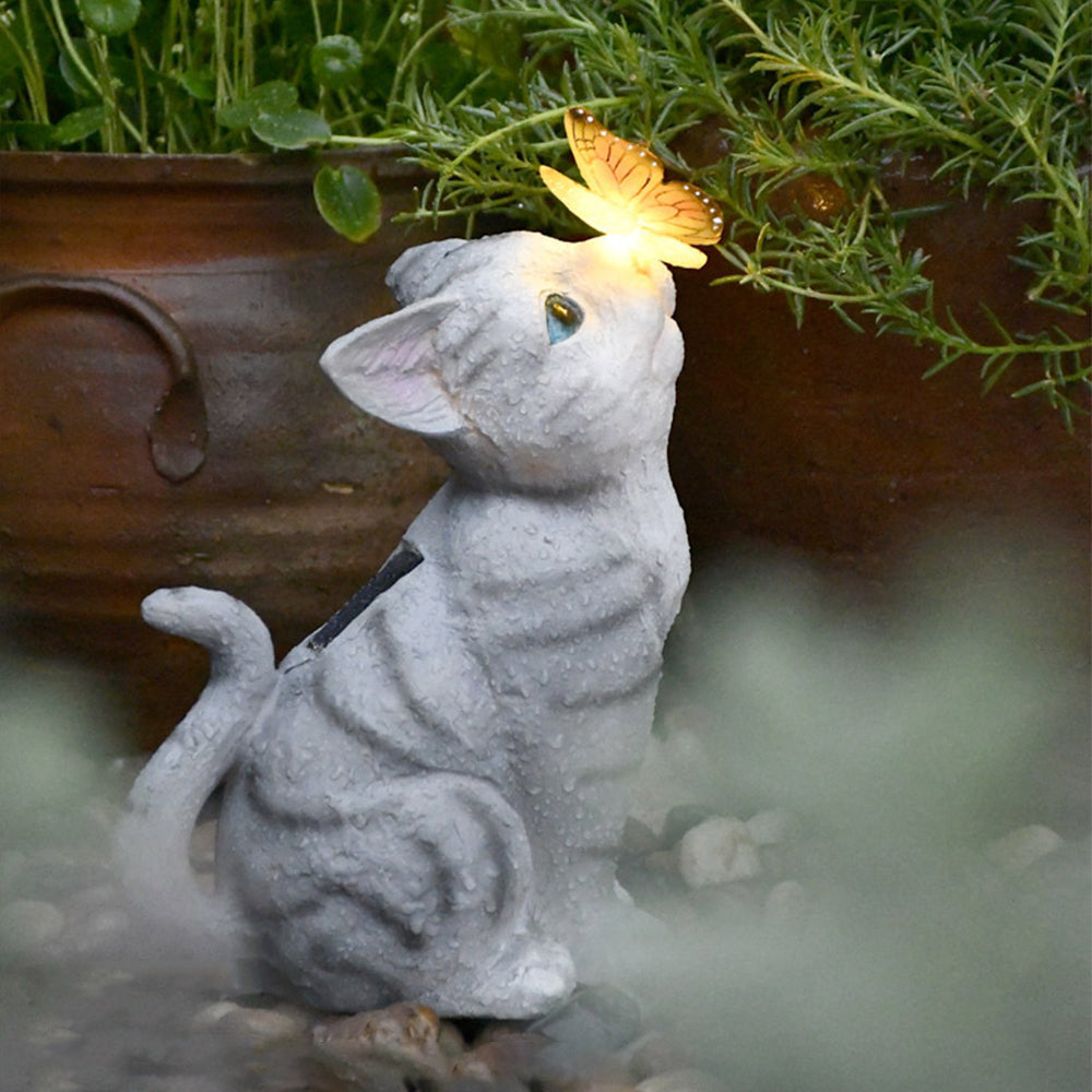 Resin Cat Butterfly Statues Solar Powered Garden Light-Sitting Cat