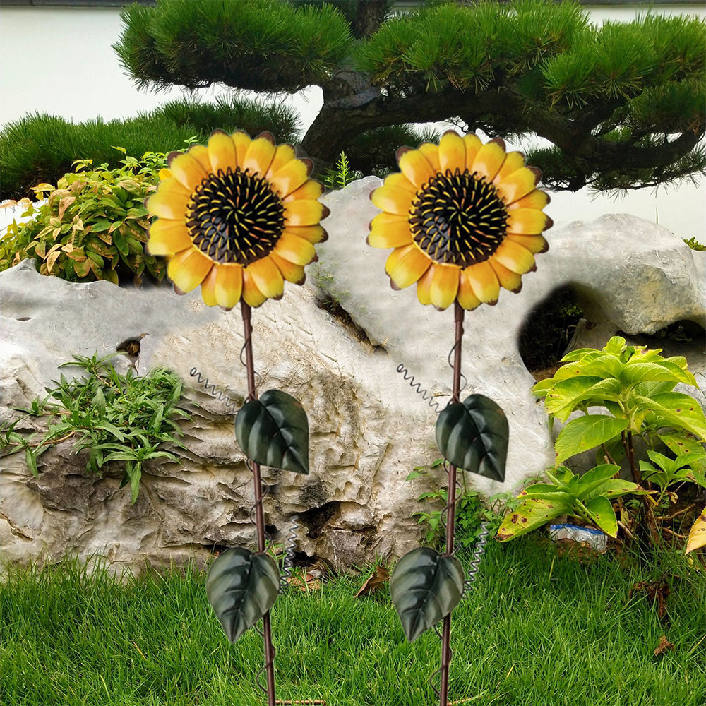 4Pcs Shaking Head Sunflower Garden Statues Metal Yard Stakes Flower Bed Decor