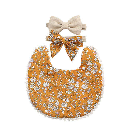 Linen Cotton Kids Feeding Bib with 2 Headbands