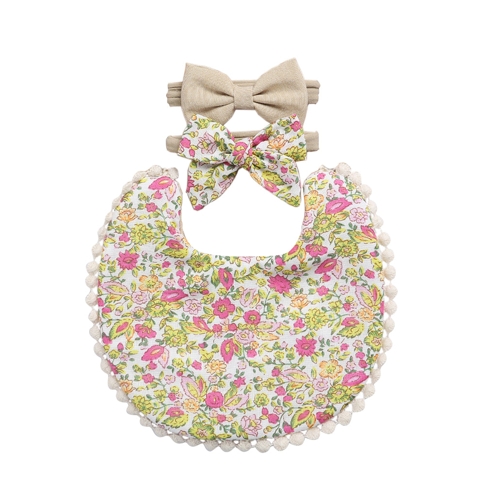 Linen Cotton Kids Feeding Bib with 2 Headbands