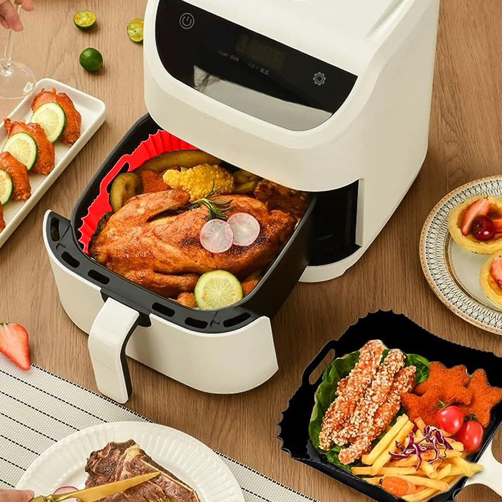2Pcs Reusable Square Durable Air Fryer Silicone Liners-Black and Red