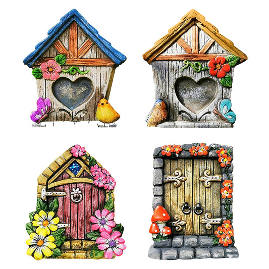 4Pcs Fairy Garden Door Buildings Garden Tree Ornaments-Grey