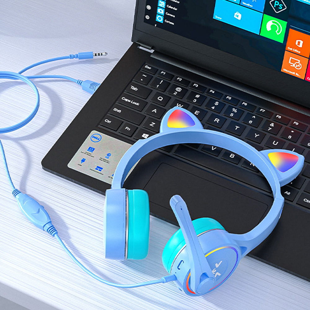 Gaming Cat Ear Adjustable Headphones LED Lights Wired Headset