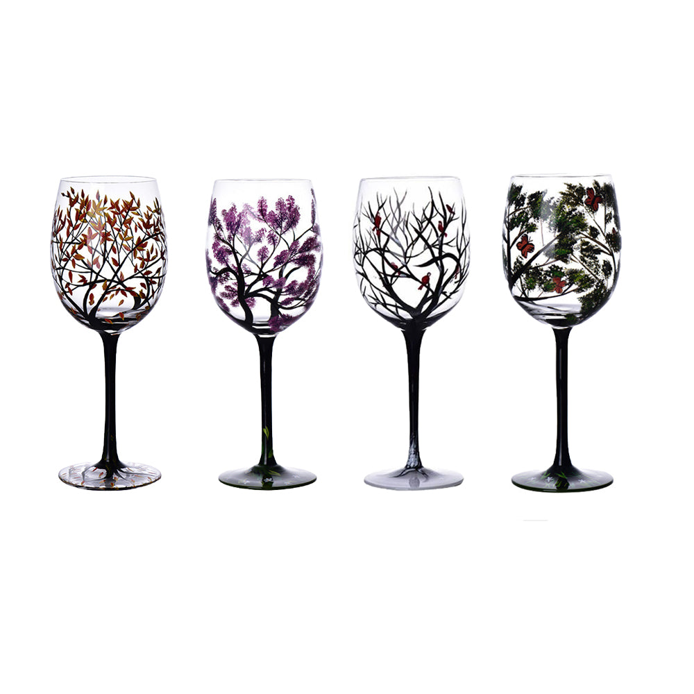 4Pcs Set Four Seasons Tree Hand-painting Wine Glasses Goblet Champagne Cup
