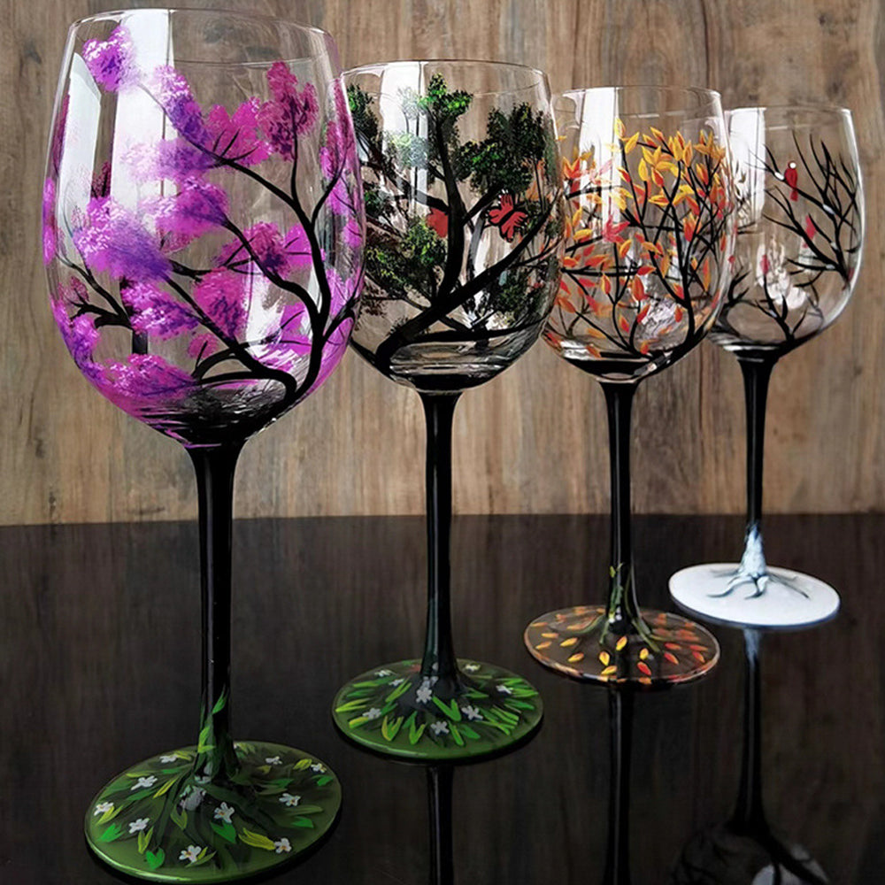 4Pcs Set Four Seasons Tree Hand-painting Wine Glasses Goblet Champagne Cup