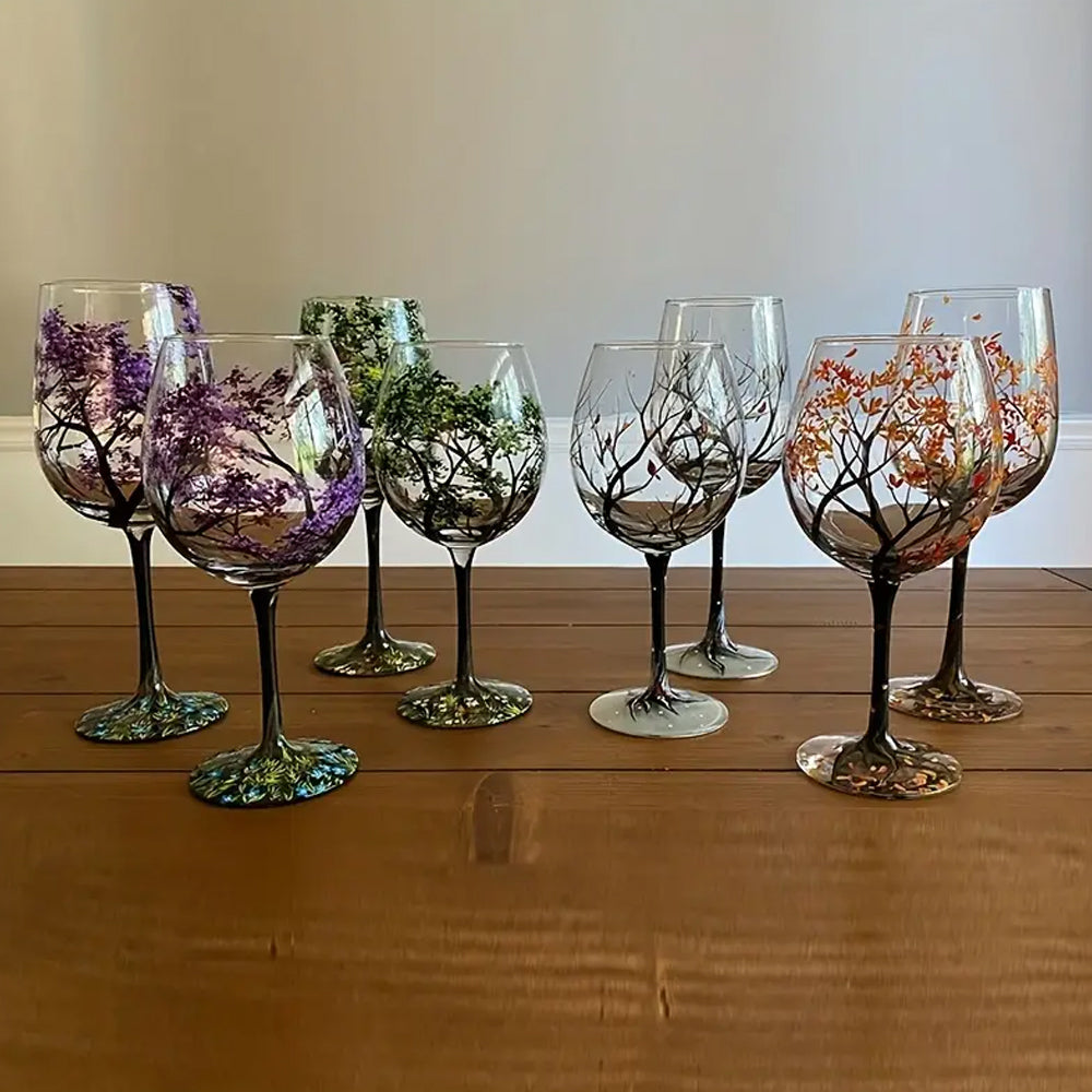 4Pcs Set Four Seasons Tree Hand-painting Wine Glasses Goblet Champagne Cup