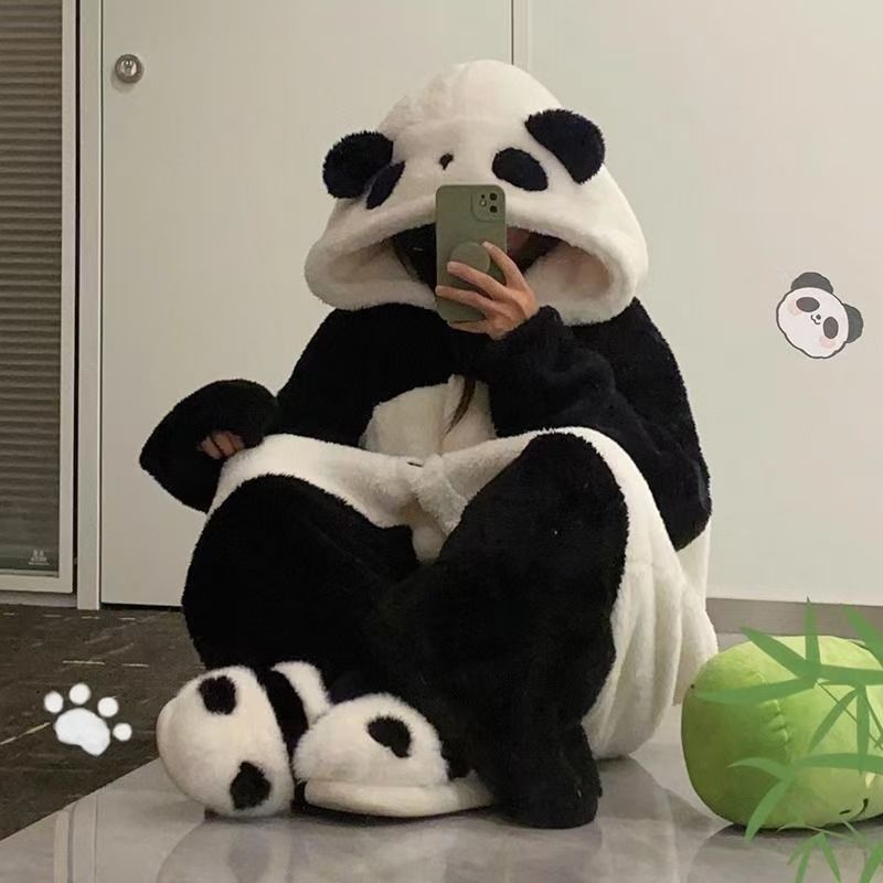 Adults Oversized Fleece Pyjama Set Hooded Dressing Gown Trousers Winter Nightwear