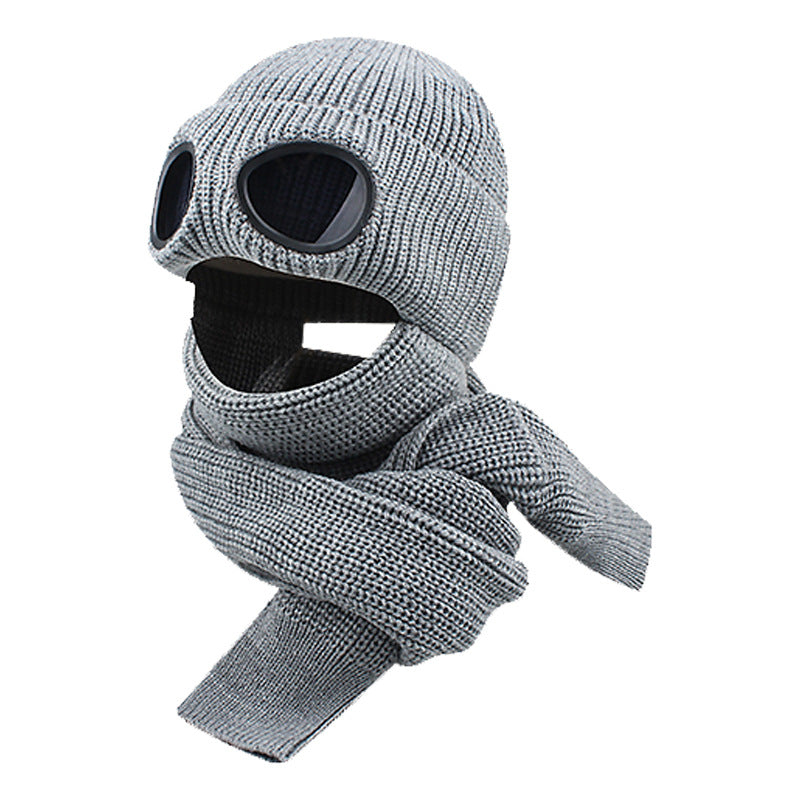 Retro Aviator Knitted Beanie Attached Scarf Winter Warm Pilot Hat with Decorative Goggles