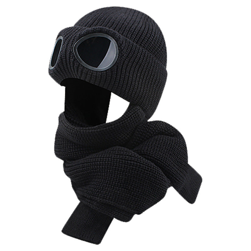 Retro Aviator Knitted Beanie Attached Scarf Winter Warm Pilot Hat with Decorative Goggles