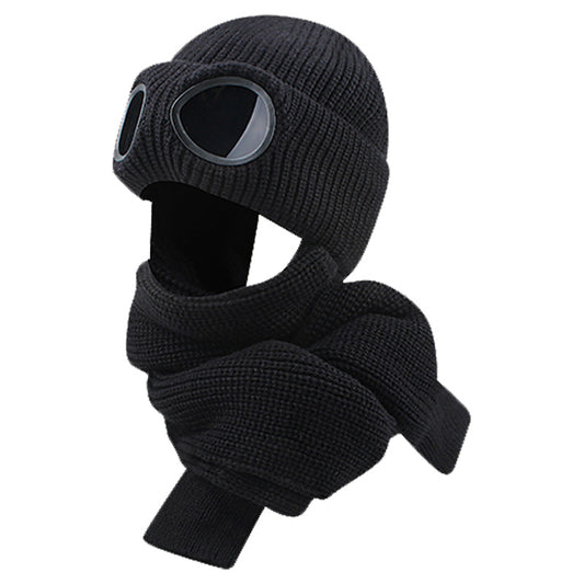 Retro Aviator Knitted Beanie Attached Scarf Winter Warm Pilot Hat with Decorative Goggles