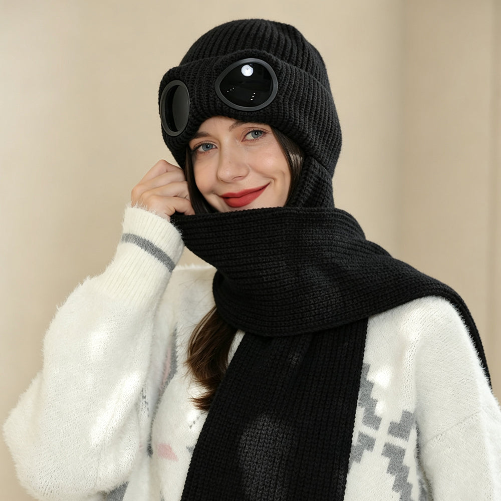 Retro Aviator Knitted Beanie Attached Scarf Winter Warm Pilot Hat with Decorative Goggles