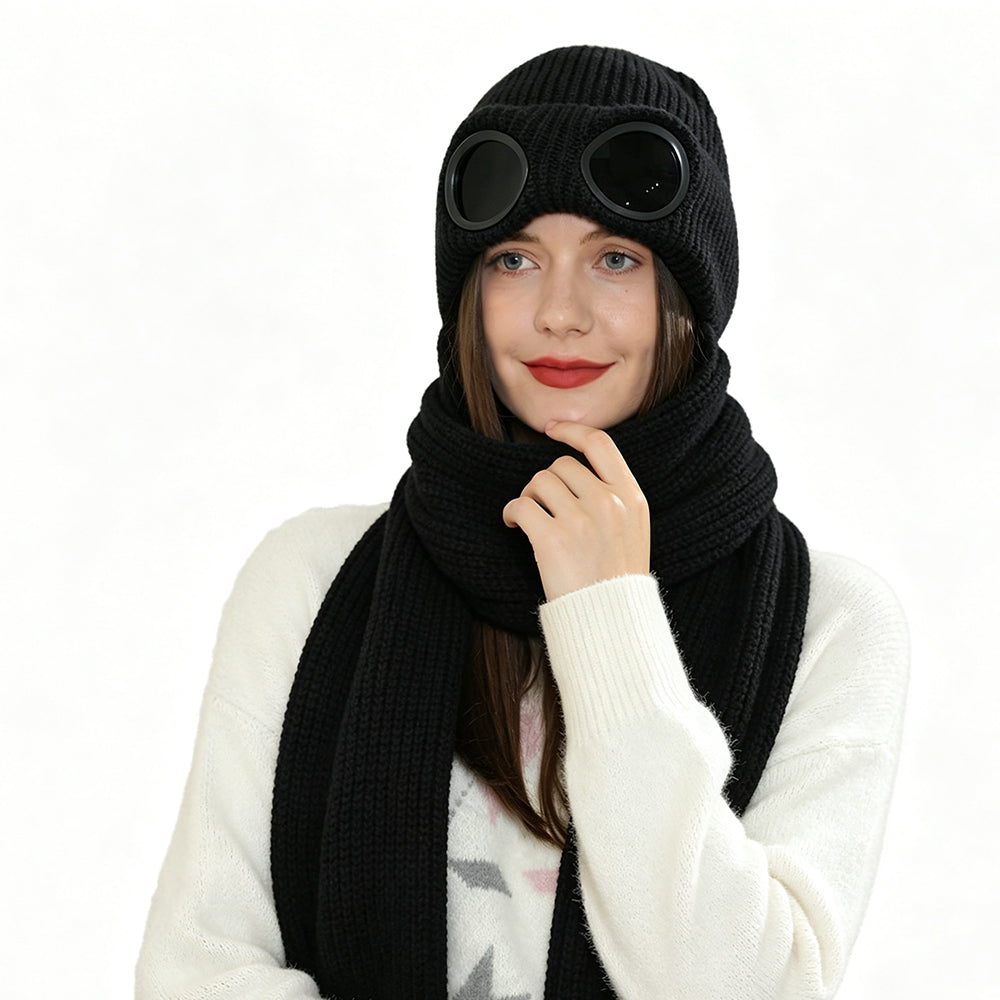 Retro Aviator Knitted Beanie Attached Scarf Winter Warm Pilot Hat with Decorative Goggles