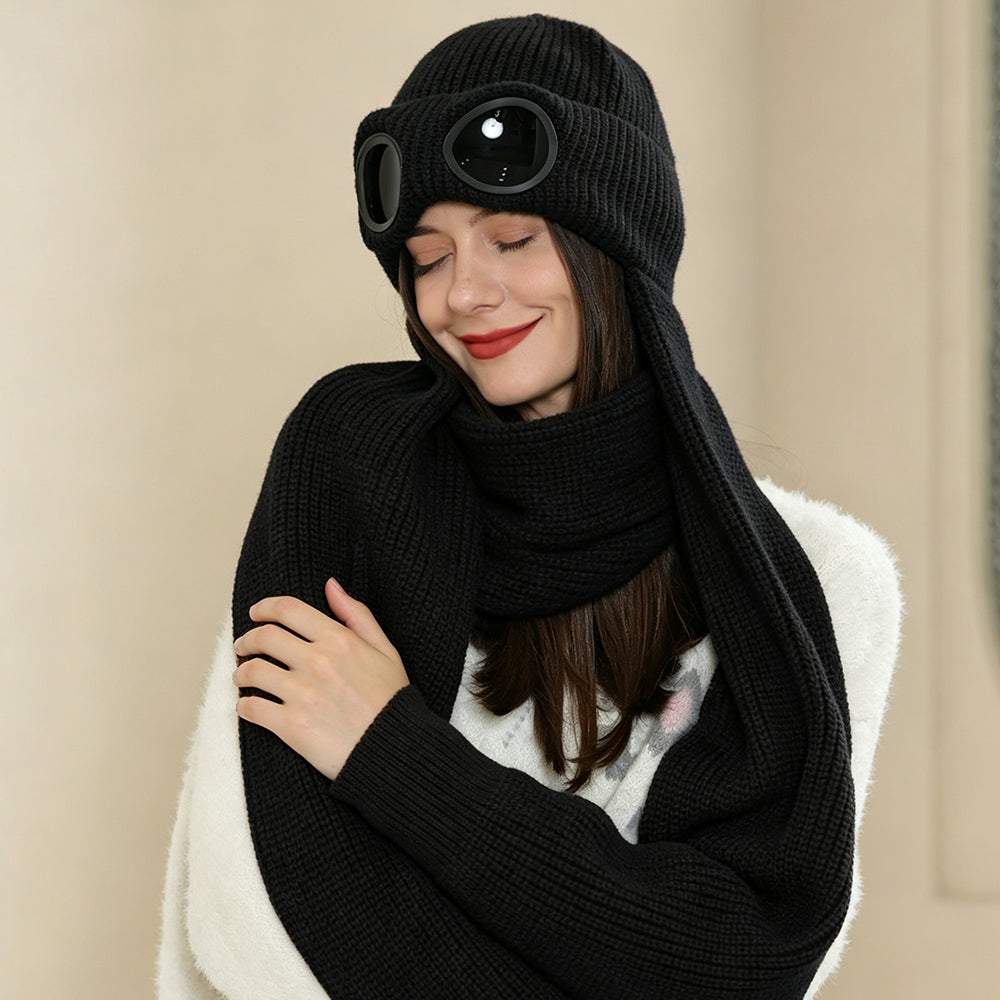 Retro Aviator Knitted Beanie Attached Scarf Winter Warm Pilot Hat with Decorative Goggles