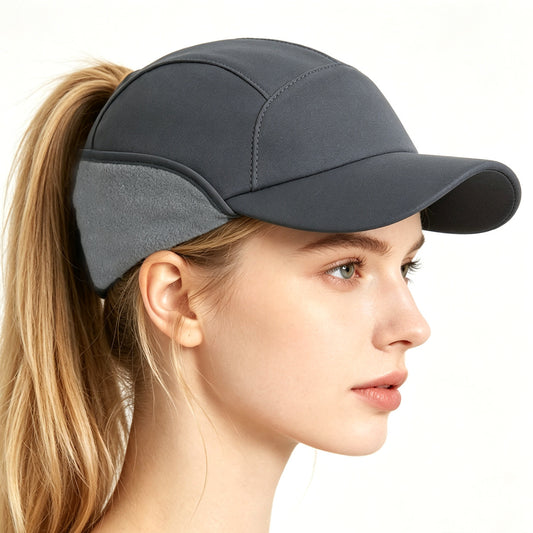 Fleece Lined Winter Earflap Hat with Ponytail Hole Windproof Thermal Baseball Cap