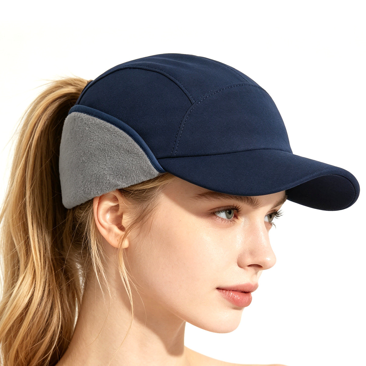 Fleece Lined Winter Earflap Hat with Ponytail Hole Windproof Thermal Baseball Cap