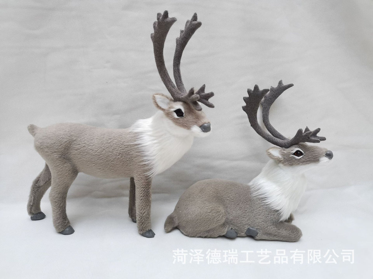 2 Pack Simulated Fur Reindeer Christmas Figurine Standing Reclining Decor