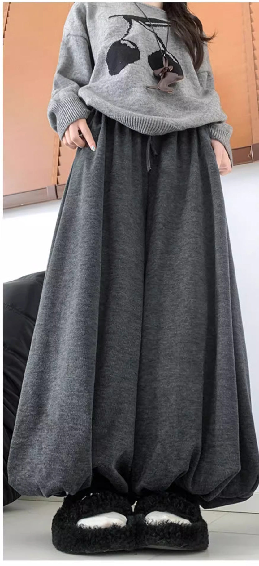 Womens Winter Warm Sherpa Fleece Lined Lantern Trousers with Pockets Flowy Pants Drawstring Loose Bloomer Pants