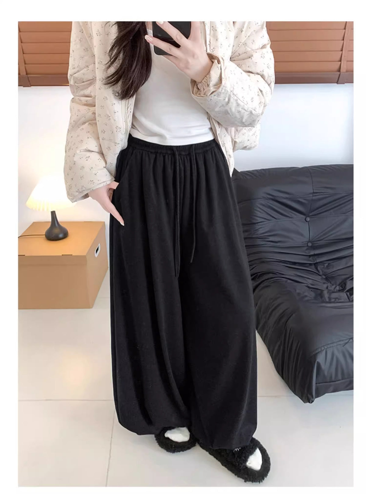 Womens Winter Warm Sherpa Fleece Lined Lantern Trousers with Pockets Flowy Pants Drawstring Loose Bloomer Pants