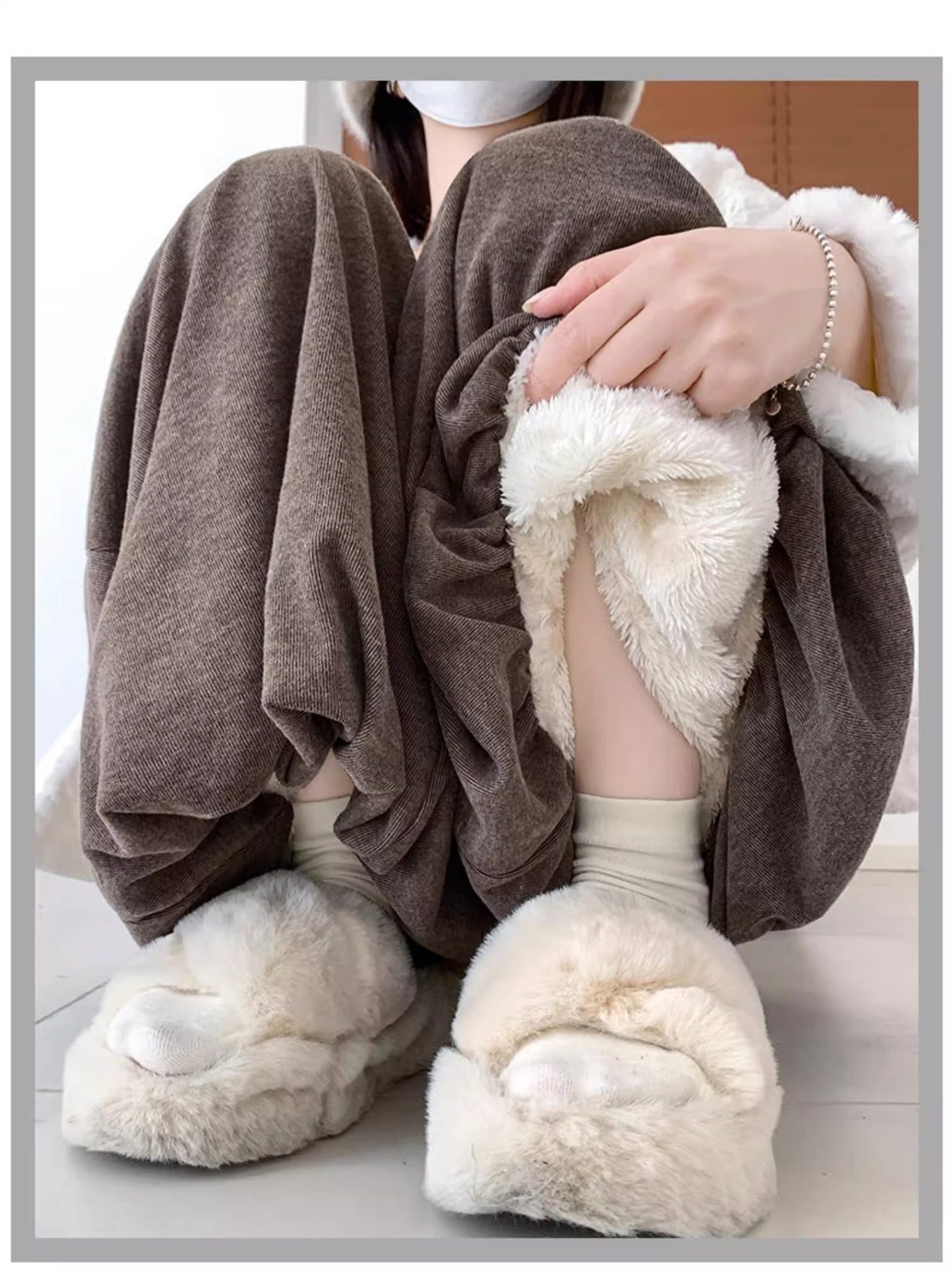 Womens Winter Warm Sherpa Fleece Lined Lantern Trousers with Pockets Flowy Pants Drawstring Loose Bloomer Pants