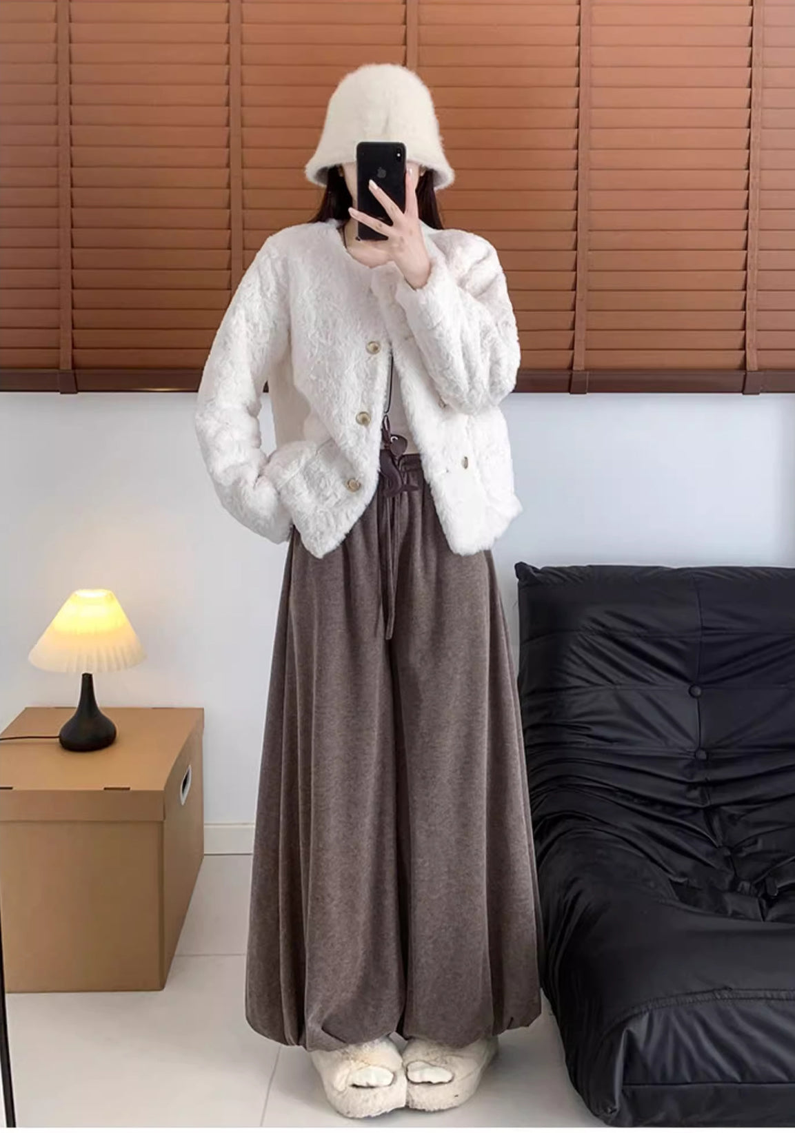 Womens Winter Warm Sherpa Fleece Lined Lantern Trousers with Pockets Flowy Pants Drawstring Loose Bloomer Pants