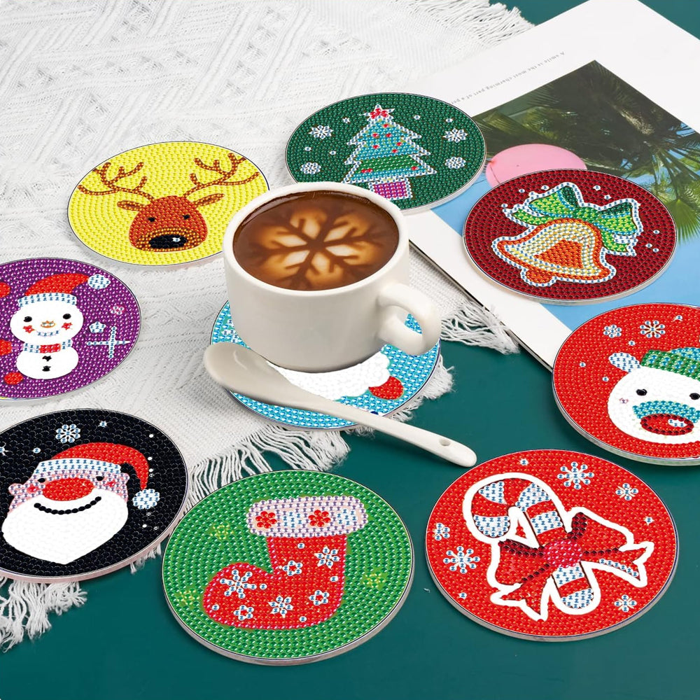 9Pcs DIY Acrylic Christmas Diamond Painting Coasters with Coaster Holder