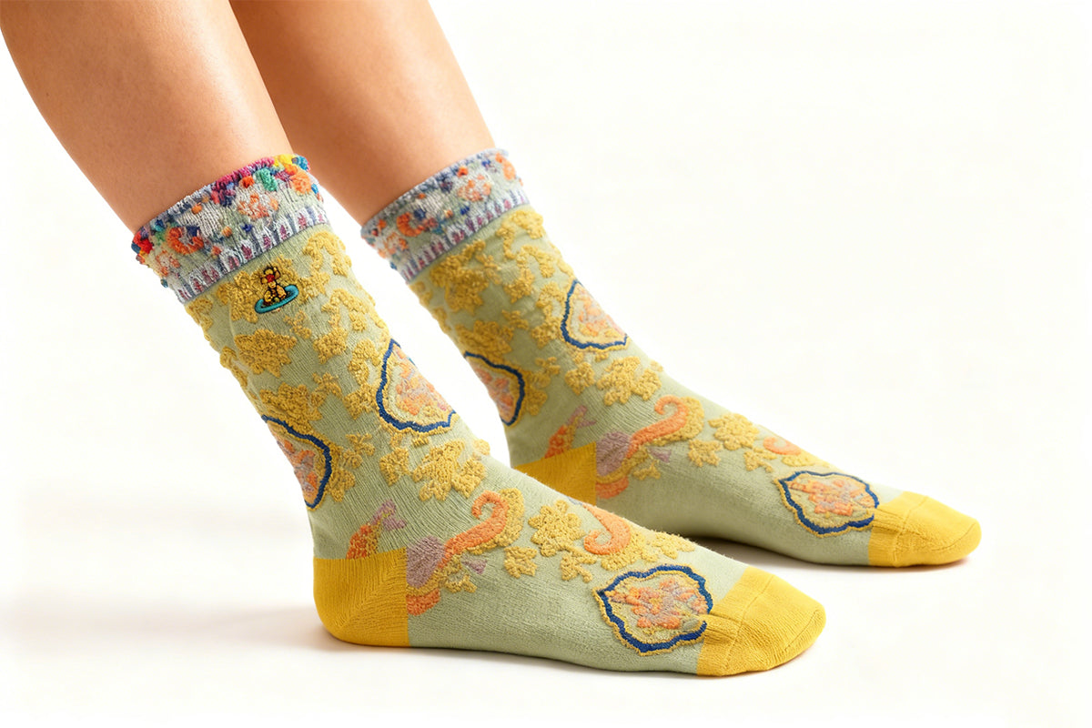 4 Pairs Women's Vintage Saturn Embroidered Retro Floral Socks