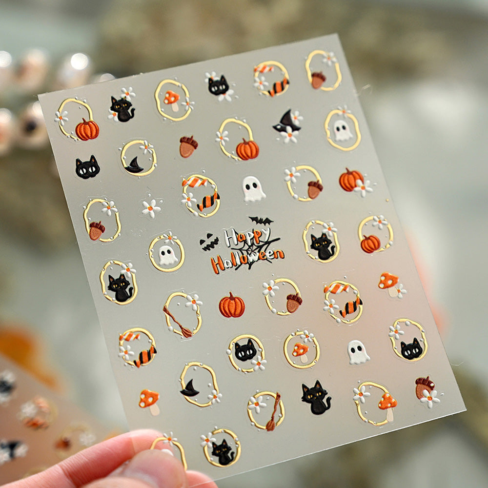 Halloween Nail Art Stickers Black Cat Ghost Pumpkin Self-Adhesive