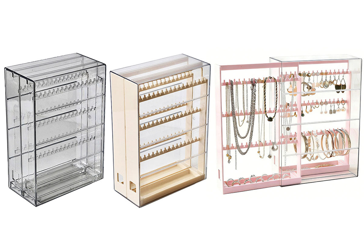 2-Tier Jewelry Organizer with Pull Out Drawer Earring Storage Box Display Case for Earrings Necklace Rings Studs