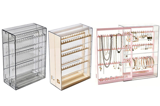 2-Tier Jewelry Organizer with Pull Out Drawer Earring Storage Box Display Case for Earrings Necklace Rings Studs