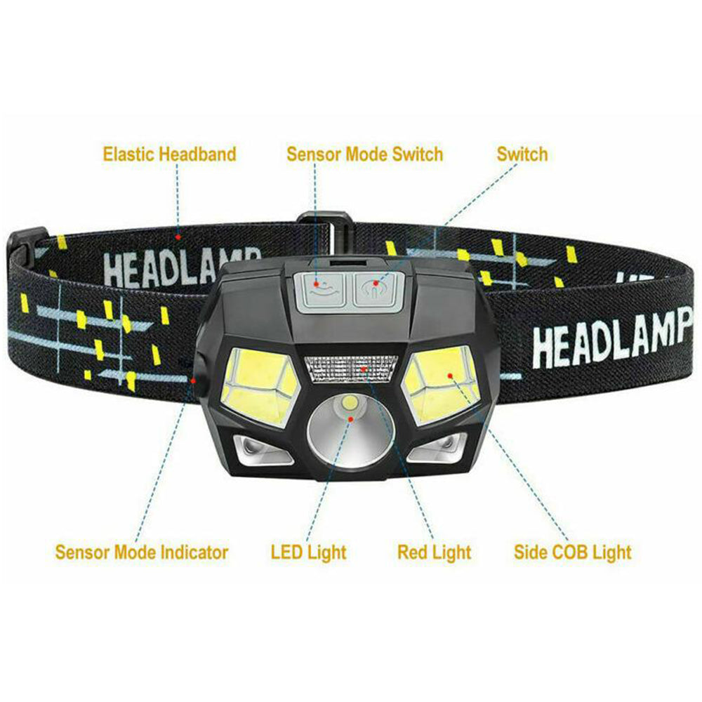 Rechargeable LED Headlamp Water-Resistant Motion Sensor Head Torch-Black