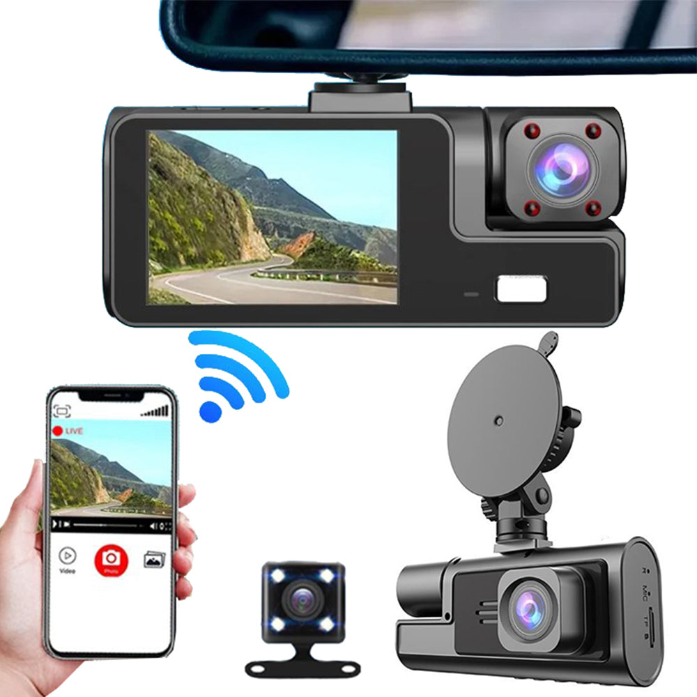 3 Channel Wi-Fi Dash Cam 2inch IPS Dash Cam Front and Rear Night Vision Dash Cam