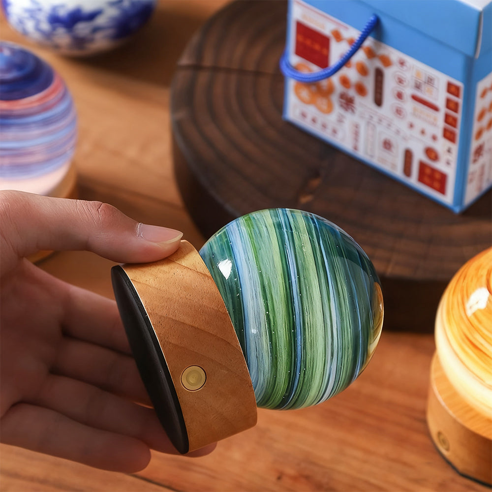Planet Night Light with Wooden Base Crystal Ball 3 Color Dimmable LED