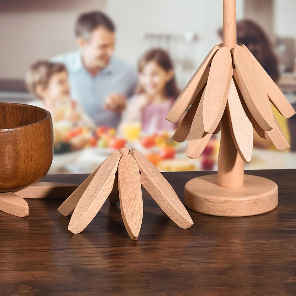 4Pcs Tree Art Design Coasters With A Stand Wooden Tree Shape Trivet Set for Hot Dishes