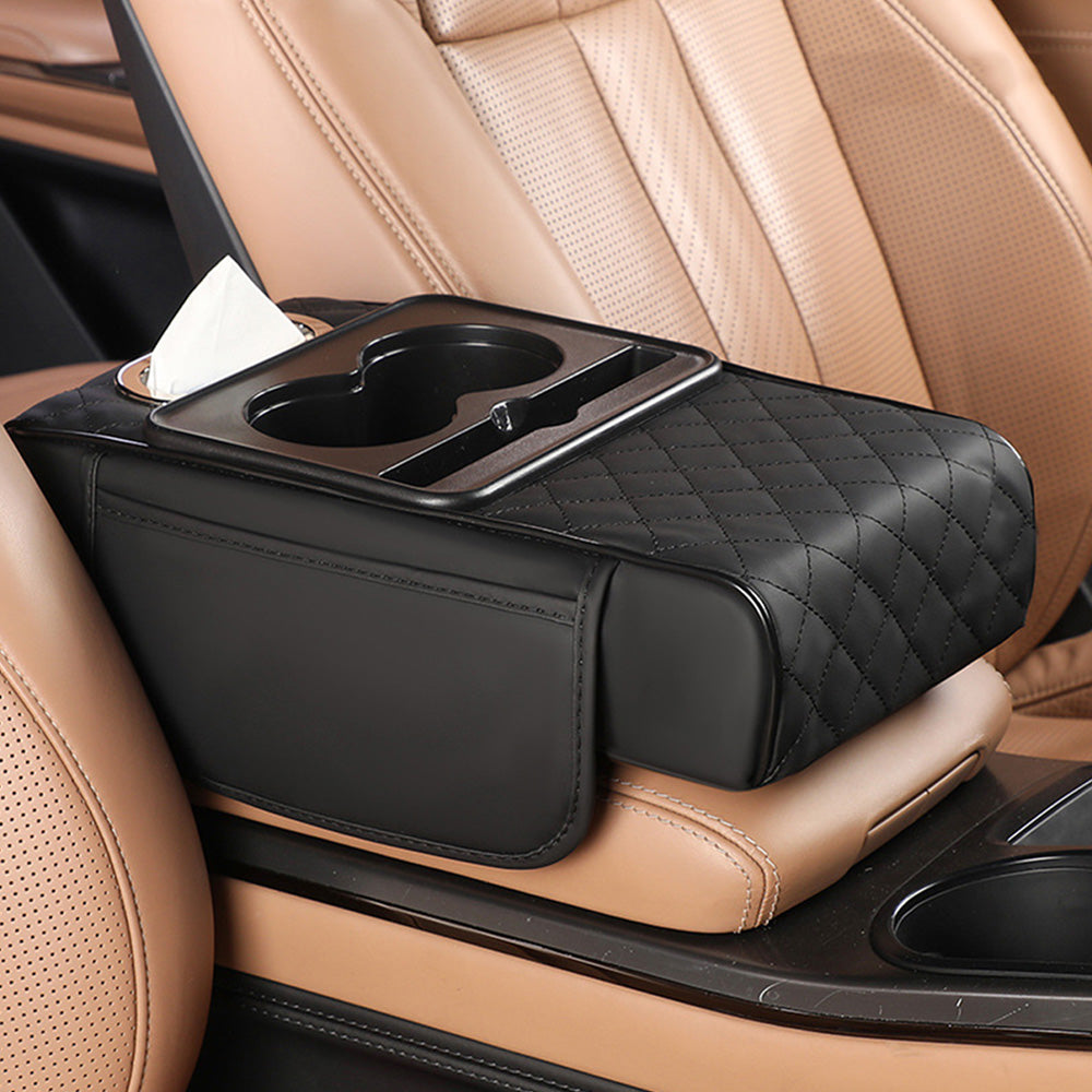 Car Armrest Cushion Organizer with Cup Holder Multi Functional Center Console Booster Pad