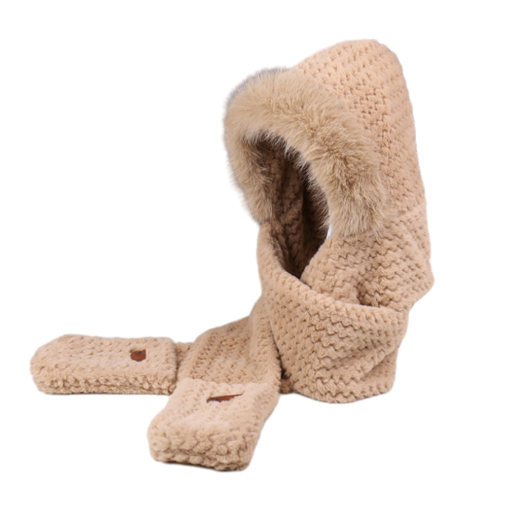 3-in-1 Winter Warm Plush Hooded Scarf Hat and Gloves