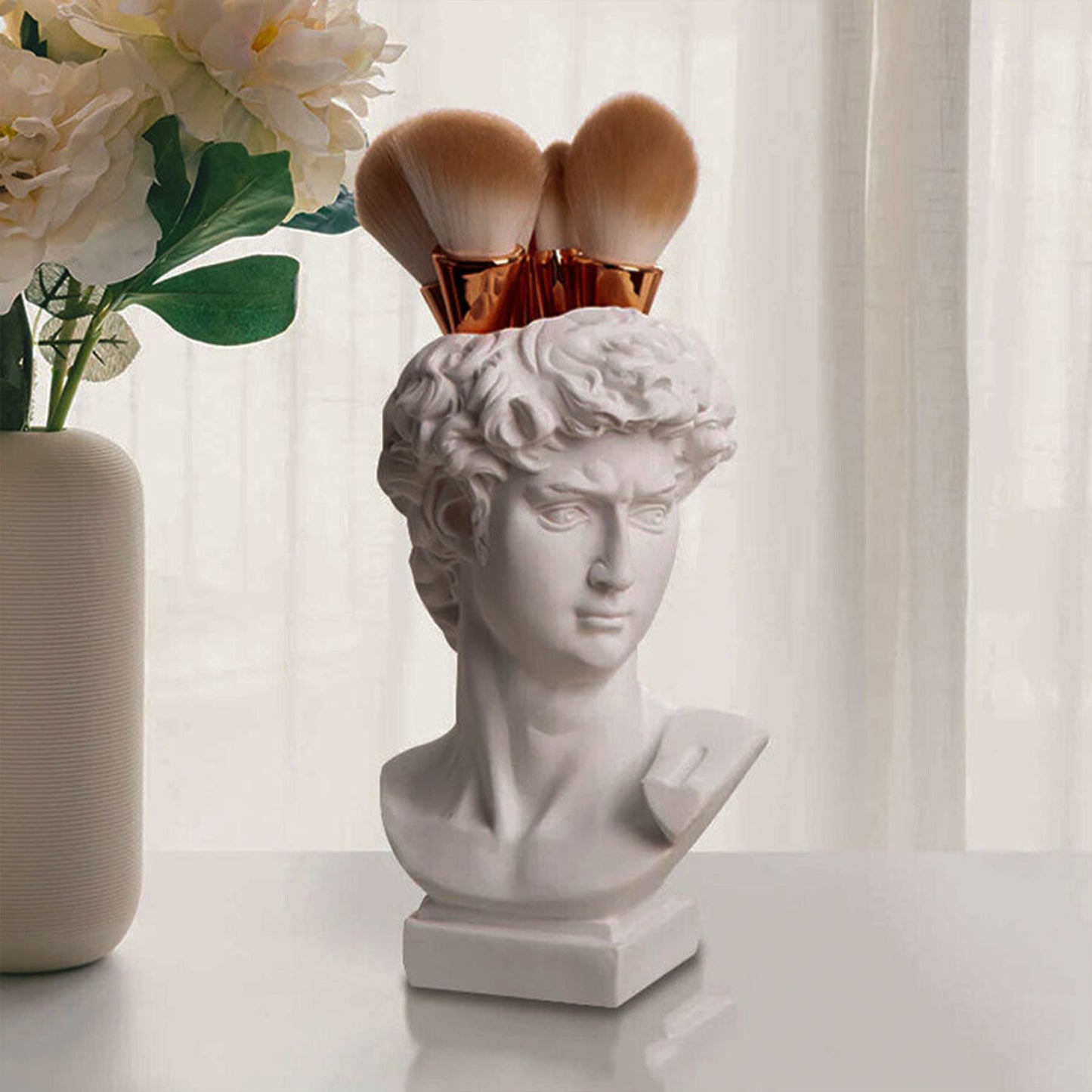 2Pcs Resin Creative Human Head Sculpture Makeup Brush Storage Box Flower Pot Pen Holder